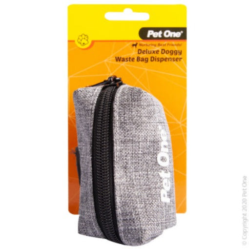 Pet One Doggy Waste Bag Dispenser Fabric Grey  Pet One Deluxe Doggy Waste Bag Dispenser is the perfect accessory to take along on walks and other outdoor activities with your pet. The discrete waste bag dispenser makes picking up after your dog easy and convenient.