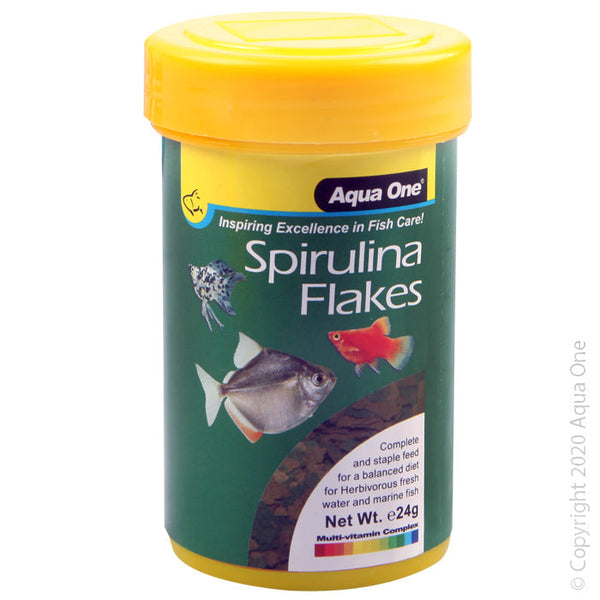 Aqua One Spirulina Flake 24g. Aqua One Fish Food provides your fish with a naturally composed diet that will maintain energy levels, boost their immune system and enhance their natural colours. Containing essential nutrients that are easily digestible, Aqua One Fish Food is suitable for daily use.