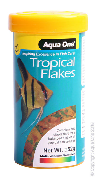 Aqua One Tropical Flake 52g. Aqua One Fish Food provides your fish with a naturally composed diet that will maintain energy levels, boost their immune system and enhance their natural colours. Containing essential nutrients that are easily digestible, Aqua One Fish Food is suitable for daily use.