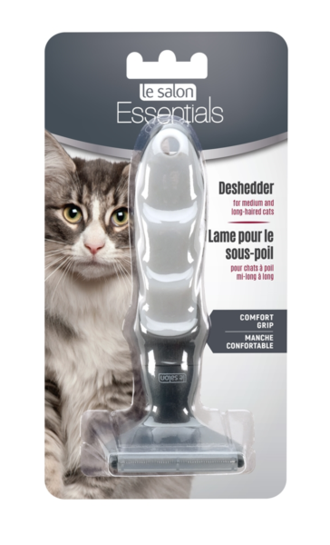 Le Salon Essentials Cat Deshedder  Cat Deshedder, with charcoal handle. The deshedder rake is a specialized tool that helps removes mats, and reduces shedding. Recommended for long-haired breeds.