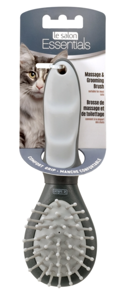 Le Salon Essentials Cat Massage And Grooming Brush Cat Massage & Grooming Brush, Small. Gray massage bristles, gray pad, charcoal handle. Massage bristles collect shedding hair and debris while massaging skin and coat. Suitable for the general grooming of most breeds.
