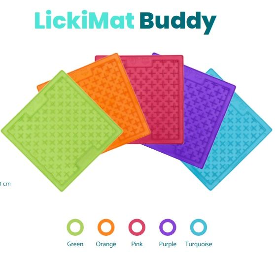 LickiMat - Large Buddy - Green  Authentic LickiMat® Boredom Buster for Dogs and Cats. Perfect for Pet Treats, Yogurt, Peanut Butter, Spreads, Raw Food, Liquid Food, Pet Food.  Slow Feeder, Healthy and Fun Alternative to a Slow Feed Bowl. Available in a Variety of Colours.  REDUCES ANXIETY, BOREDOM AND DESTRUCTIVE BEHAVIOUR 