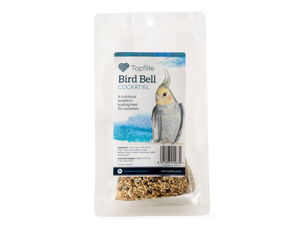 Topflite Cockatiel Bell  Ring a ding ding! Don’t wait for your bird friends to call on you – just give them a bell and let them know how much you love them.  Highly nutritious treats that also provide enrichment. Chewing on these treats will keep your bird/s entertained for hours.
