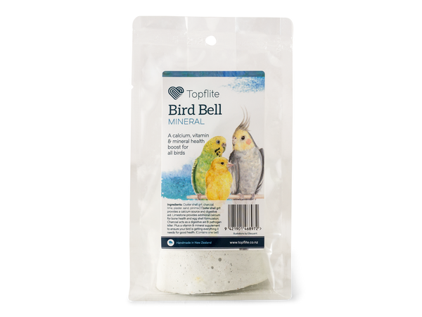 Topflite Mineral Bell  Ring a ding ding! Don’t wait for your bird friends to call on you – just give them a bell and let them know how much you love them.  Highly nutritious treats that also provide enrichment. Chewing on these treats will keep your bird/s entertained for hours.