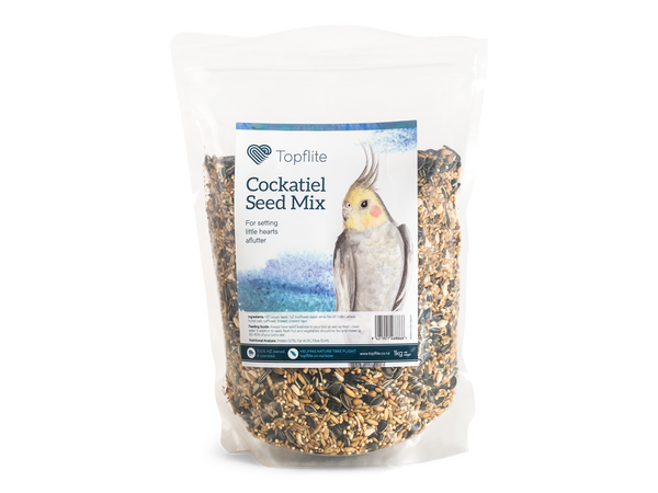 Topflite Cockatiel Mix 1kg Top cockatiel breeders recommend Cockatiel Mix as a way to keep birds happy and healthy. Whether you’re a breeder or not, this is the best thing you can do for your coddled cockatiel.   Our Cockatiel Mix is a high-quality blend of natural ingredients, including white French millet, which provides a variety of essential minerals. We also include New Zealand sunflower seeds and canary seeds to deliver fats and protein throughout the seasons.