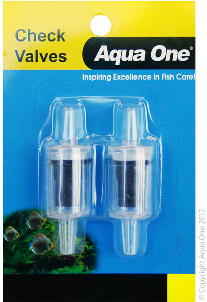 Airline Check Valve Carded - 2pk. Aqua One Airline Accessories provide you complete control over airflow within your aquarium.  Aqua One check valves prevents aquarium water from back siphoning into an air pump when positioned at or below the waterline of the aquarium.