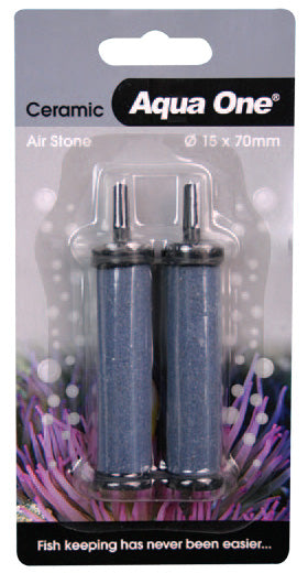 Aqua One Air Stone - Ceramic 70x15mm 2pk. Aqua One Air Stones provide ample oxygen and water movement, assist in releasing carbon dioxide build-ups and add an aesthetically pleasing element to your aquarium.  Features & Benefits:  Provides ample oxygen and water movement within your aquarium Assists in releasing carbon dioxide build-up Releases a constant stream of fine small bubbles that will not disturb your aquatic inhabitants Encourages healthy bacteria growth
