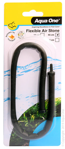 Aqua One Air Stone - 45cm Flexible. Aqua One's Flexible Airstones is available in a variety of lengths. They turn the air from an Aqua One Air Pump into fine air bubbles to assist in maximising the oxygen level in your aquarium by moving water to the surface.