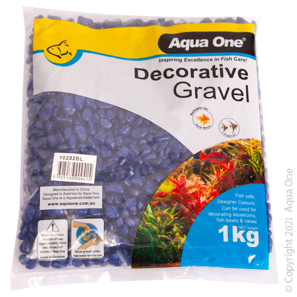 Gravel Deep Blue 1kg (7mm). Let Aqua One Decorative Gravel bring colour and life into your aquarium! The aquarium safe gravel is available in many designer colours and serves multiple aesthetic and practical purposes in the aquarium and even around the home!  Features & Benefits:  Designer eye-catching colours Aquarium safe Can also be used in pot plants, fountains, and candle holders, just about anywhere!