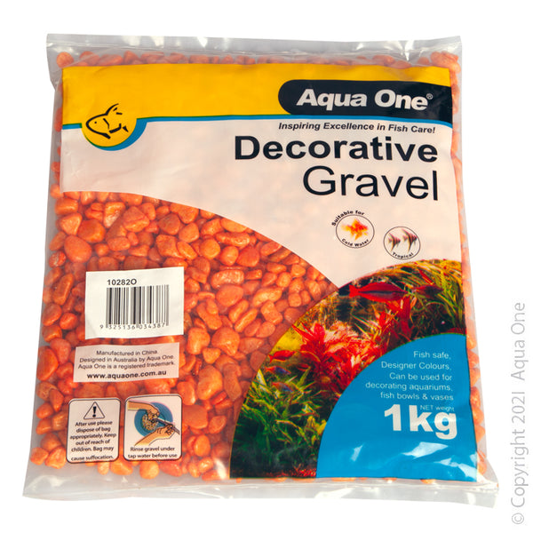 Gravel Fire Orange 1 kg (7mm). Let Aqua One Decorative Gravel bring colour and life into your aquarium! The aquarium safe gravel is available in many designer colours and serves multiple aesthetic and practical purposes in the aquarium and even around the home!  Features & Benefits:  Designer eye-catching colours Aquarium safe Can also be used in pot plants, fountains, and candle holders, just about anywhere!