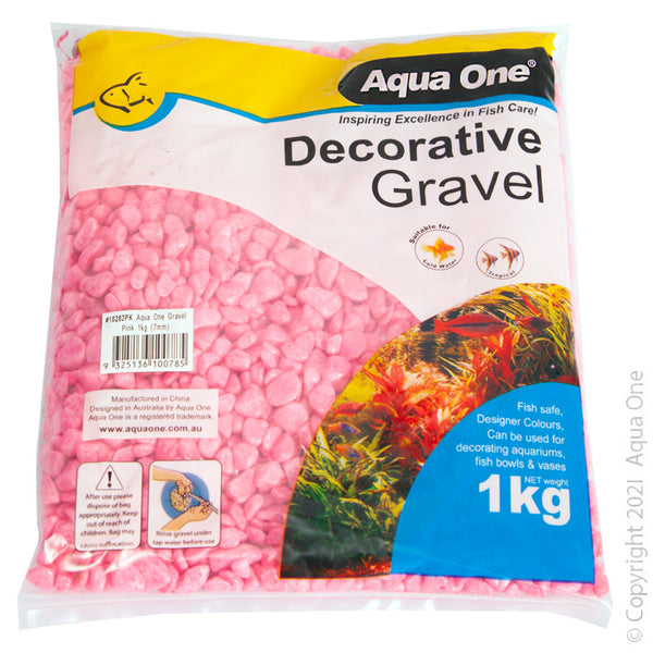 Aqua One Gravel Pink 1 kg (7mm). Let Aqua One Decorative Gravel bring colour and life into your aquarium! The aquarium safe gravel is available in many designer colours and serves multiple aesthetic and practical purposes in the aquarium and even around the home!