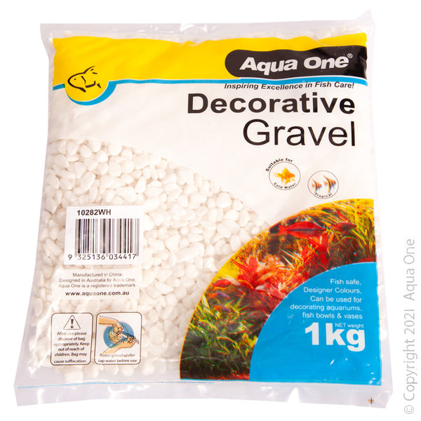 Aqua One Gravel White 1 kg (7mm). Let Aqua One Decorative Gravel bring colour and life into your aquarium! The aquarium safe gravel is available in many designer colours and serves multiple aesthetic and practical purposes in the aquarium and even around the home!