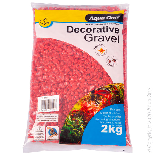 Aqua One Gravel - Scarlet Red 2kg 7mm  Let Aqua One Decorative Gravel bring colour and life into your aquarium! The aquarium safe gravel is available in many designer colours and serves multiple aesthetic and practical purposes in the aquarium and even around the home!  Features & Benefits:  Designer eye-catching colours