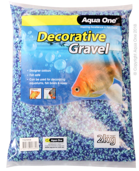 Aqua One Gravel - Mixed Aqua & Blue - 2kg - 2mm  Let Aqua One Decorative Gravel bring colour and life into your aquarium! The aquarium safe gravel is available in many designer colours and serves multiple aesthetic and practical purposes in the aquarium and even around the home!  Features & Benefits:  Designer eye-catching colours