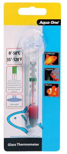 Aqua One Glass Thermometer. Every fish species has specific temperature requirements, so keep an eye on your aquarium with an accurate glass thermometer. The Aqua One Glass Thermometers are a must-have accessory for any aquarium.