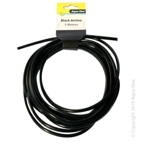 Aqua One Air Line PVC 5m - Black. Aqua One Black PVC Airline tubing designed to connect Aqua One Air Pumps and Airstones.  Features & Beneifts:  Perfect for aquariums with dark backgrounds. Black tubing can assist in deterring algae growth within the airline. Designed to fit all standard outlets. Easy to replace. Aquatic safe. Available in 5m in length