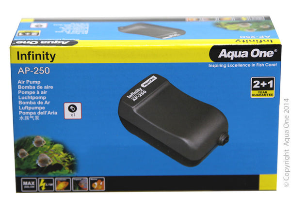 Aqua One Infinity Air Pump AP250  Aqua One Infinity Airpumps assist in aerating your aquarium with a powerful, circulating air flow.  Infinity Airpumps are energy efficient and include everything you need to maintain adequate oxygen and water movement within your aquarium.