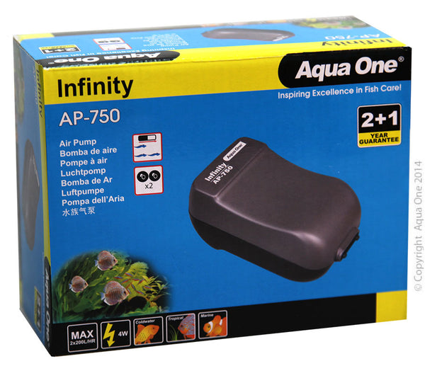 Aqua One Infinity Air Pump AP750  Aqua One Infinity Airpumps assist in aerating your aquarium with a powerful, circulating air flow.  Infinity Airpumps are energy efficient and include everything you need to maintain adequate oxygen and water movement within your aquarium.