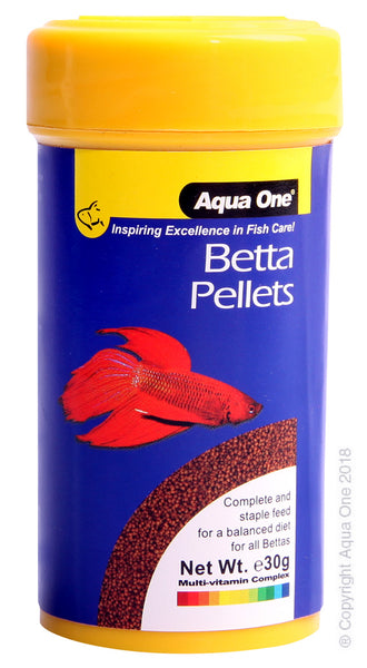 Aqua One Betta Pellet 30g. Aqua One Fish Food provides your fish with a naturally composed diet that will maintain energy levels, boost their immune system and enhance their natural colours. Containing essential nutrients that are easily digestible, Aqua One Fish Food is suitable for daily use.