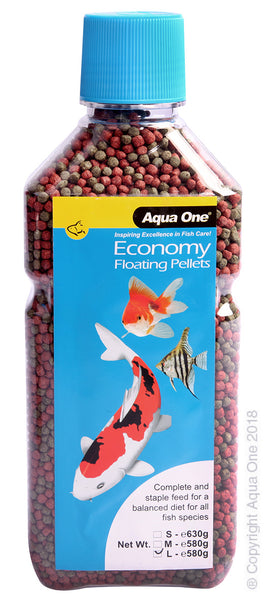Aqua One Economy Pellet 3mm 580g Bottle  Aqua One Fish Food provides your fish with a naturally composed diet that will maintain energy levels, boost their immune system and enhance their natural colours. Containing essential nutrients that are easily digestible, Aqua One Fish Food is suitable for daily use.  Aqua One Economy Floating Pellets have been developed to provide a complete diet for all types of fish and will not cloud the water.