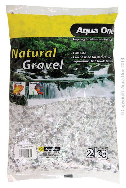Aqua One Gravel - Natural All Sorts 2kg  Aqua One Natural Gravel is true to its name, being a natural gravel with no added colours, making it safe for fish and aquatic life. It allows replication of a natural environment providing a pleasant and peaceful atmosphere.  Features & Benefits:  Fish and aquatic animal safe.