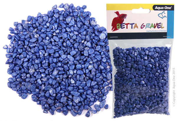 Aqua One Gravel - Betta Metallic Blue 350g. Let Aqua One Betta Gravel bring colour and life into your aquarium!  The aquarium safe Betta Gravel is available in two different styles to create two different eye-catching looks. Whether you choose Glass or Metallic, either range comes in many colours to choose from. Gravel serves multiple aesthetic and practical purposes in the aquarium.