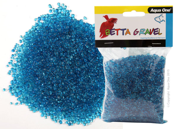 Aqua One Gravel - Betta Glass Blue 350g. Let Aqua One Betta Gravel bring colour and life into your aquarium! The aquarium safe Betta Gravel is available in two different styles to create two different eye-catching looks. Whether you choose Glass or Metallic, either range comes in many colours to choose from. Gravel serves multiple aesthetic and practical purposes in the aquarium.