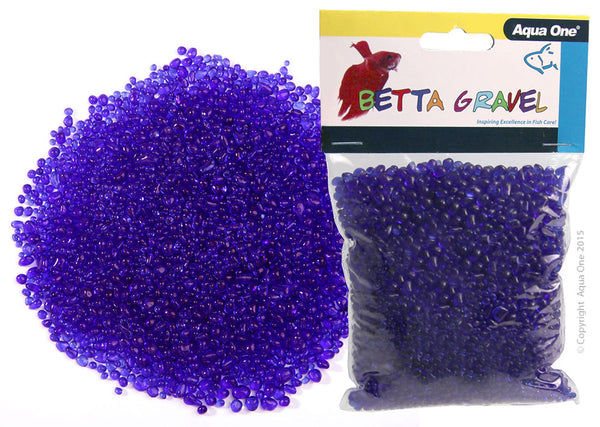 Aqua One Gravel - Betta Glass Purple 350g. Let Aqua One Betta Gravel bring colour and life into your aquarium! The aquarium safe Betta Gravel is available in two different styles to create two different eye-catching looks. Whether you choose Glass or Metallic, either range comes in many colours to choose from. Gravel serves multiple aesthetic and practical purposes in the aquarium.
