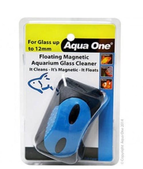 Aqua One Floating Magnet Cleaner (L) For Up 12mm Glass. The Aqua One Floating Magnetic Aquarium Glass Cleaner is the quick, no mess, no fuss way to clean your aquarium.   Features & Benefits:  Quick, clean and convenient Super strong magnets for use with glass thickness up to 16mm Anti-scratch cleaning pads  Floats