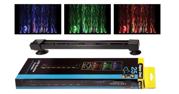 Aqua One Airstone LED Colour Changing Bubble Curtain 25cm. The Aqua One LED Bubble Curtain adds colour and movement to your aquarium.  The continually changing colours and stream of bubbles creates a captivating and dynamic bubble and LED light display, whilst providing vital aeration to your aquarium. The Aqua One LED Bubble Curtain brightens up any aquarium, making it the perfect addition!