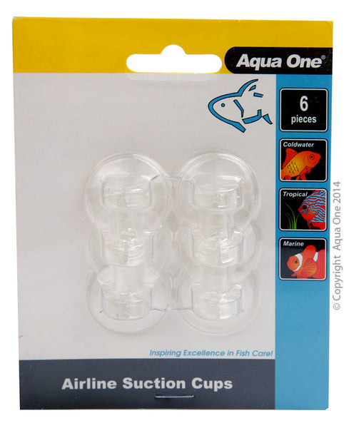 Aqua One Air Line Suctions Cups - 6pk. Aqua One Airline suction cups help keep your Aqua One airline in one position inside and outside your Aquarium.  Features & Benefits:  Easy to install Clear with elastic holder Specifications: 25mm in diameter 