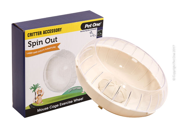 Critter Accessory Spin Out Exercise Wheel White  The Pet One Critter Mouse House Accessories are a bright and colourful addition to your furry friend’s home. Give your small pet the ability to play, hide and exercise within their home.  Features & Benefits:  Provides your small pet with a safe environment in which to exercise and play