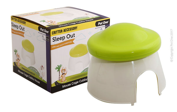 Critter Accessory Sleep Out House Green White  The Pet One Critter Mouse House Accessories are a bright and colourful addition to your furry friend’s home. Give your small pet the ability to play, hide and exercise within their home.  Features & Benefits:  Provides comfort and security Base-free design provides easy access to your small animal, bedding and/or litter Perfect base for a mouse nest