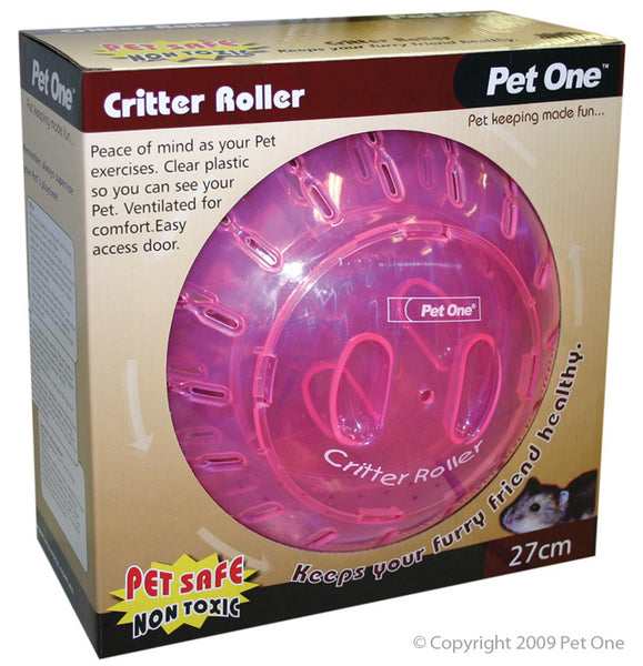 The Pet One Critter Roller is the perfect accessory for your pet mouse or rat. The well ventilated, clear plastic round roller allows your pet to get a view of their surroundings in the safety of the Critter Roller, all whilst keeping active! Always supervise your pet’s playtime, and be sure to keep them in a shady and safe spot when exercising. Once you feel they have had plenty of fun, return them to their home and be sure to have plenty of clean water available. 