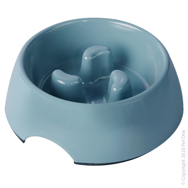 Pet One Melamine Bowl - Round Slow Down Feeder 1200ml Blue Stone  Feeding time is made simple with Pet One Melamine Dog Bowls; with anti skid base, high quality melamine and removable stainless steel bowl, this bowl is certain to last for years!  With a variety of shapes and sizes you are sure to find the right bowl for your furry friend!