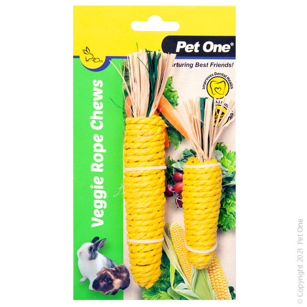 Veggie Rope For Small Animals Twin Pack - Corns (S;M). Features & Benefits: • Encourages good dental health whilst satisfying the natural gnawing instinct in small animals • Provides enrichment to help reduce stress and boredom • Coloured with pet safe all-natural food dyes • Easily attaches to your pets enclosure with provided hooks*