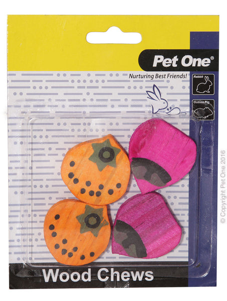 Wood Chews 4 Pack (S). Encourages good dental health whilst satisfying the natural gnawing instinct in small animals • Provides enrichment to help reduce stress and boredom • Coloured with pet safe all-natural food dyes • Easily attaches to your pets enclosure with provided hooks* • Lightweight and portable • Available in available in a variety of textures and shapes  Suitable for: Rabbits, Guinea Pigs and other Small Animals