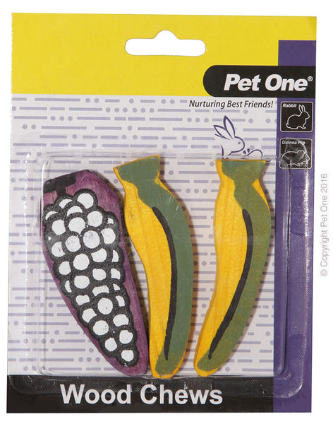 Wood Chews 3 Pack (M). Encourages good dental health whilst satisfying the natural gnawing instinct in small animals • Provides enrichment to help reduce stress and boredom • Coloured with pet safe all-natural food dyes • Easily attaches to your pets enclosure with provided hooks* • Lightweight and portable • Available in available in a variety of textures and shapes  Suitable for: Rabbits, Guinea Pigs and other Small Animals
