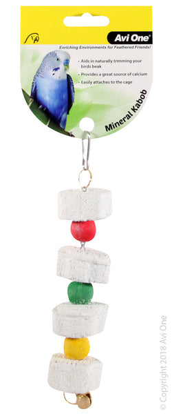 Bird Toy Mineral Flower Kabob 18x4x4cm. Avi One Mineral Kabob provides a source of minerals to supplement your bird’s dietary needs for optimal health. Mineral Kabobs easily attaches to cage securely with durable metal clip.  Features & Benefits:  Aids in naturally trimming your birds beak