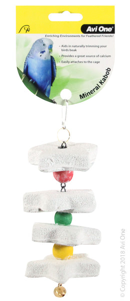 Bird Toy Mineral Star Kabob 18x5.5x5.5cm. Avi One Mineral Kabob provides a source of minerals to supplement your bird’s dietary needs for optimal health. Mineral Kabobs easily attaches to cage securely with durable metal clip.  Features & Benefits:  Aids in naturally trimming your birds beak