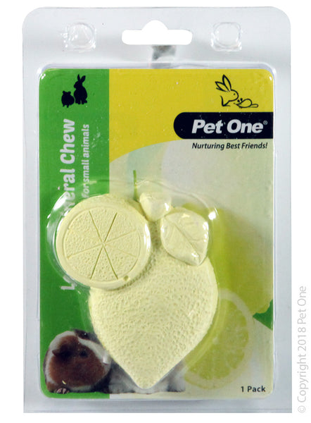 Small Animal Mineral Chew Lemon 1 Pack. Features & Benefits:  Satisfy your pet’s instinct to chew. Provides exercise for jaws and teeth. Helps promote clean and trim teeth. Helps reduce stress and boredom. Tasty chew treat. Available in a variety of styles.