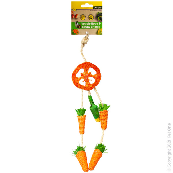 Veggie Rope And Straw Chew Hanging Dreamcatcher 26cm. Provides enrichment to help reduce stress and boredom • Coloured with pet safe all-natural food dyes • Easily attaches to your pets enclosure with provided hooks* • Lightweight and portable • Available in available in a variety of textures and shapes  Suitable for: Rabbits, Guinea Pigs and other Small Animals