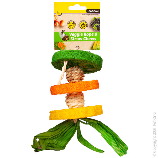 Veggie Rope And Straw Chew Hanging Hula 19cm. Coloured with pet safe all-natural food dyes • Easily attaches to your pets enclosure with provided hooks* • Lightweight and portable • Available in available in a variety of textures and shapes  Suitable for: Rabbits, Guinea Pigs and other Small Animals