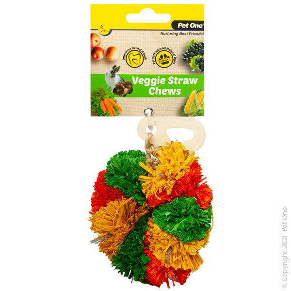 Veggie Straw Chew Donut Hanging 9cm. Pet One Small Animal Chews assist with maintaining good dental health whilst providing entertainment and enrichment. Available in a variety of textures and fun, colourful shapes and styles that assist in satisfying the natural gnawing instinct in small animals.