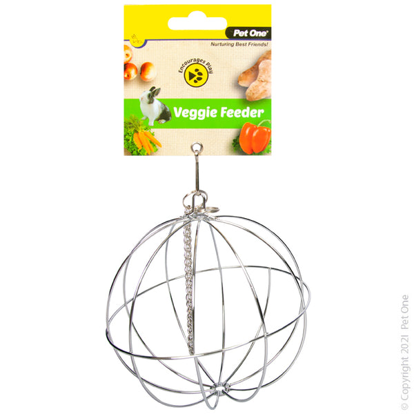Veggie Feeder Ball Hanging 12cm. Pet One Veggie Feeder provides your pet with entertainment and enrichment during feeding time. The Veggie Feeder is easily attached to any enclosure, allowing you to elevates their food to prevent spoilage and waste.