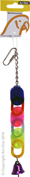 Bird Toy Acrylic 3 Chains with bell. Avi One Bird Toys are designed to provide enrichment and entertainment for your avian pet. Providing environmental enrichment for your pet bird enhances their quality of life, instincts and overall health and wellbeing.  Create different activities for your bird by introducing a variety of toys and accessories such as bells, mirrors, ladders and swinging perches.