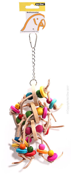 Bird Toy Leather Rope with Wooden Discs and Coloured Beads 33CM. Avi One Bird Toys are designed to provide enrichment and entertainment for your avian pet. Providing environmental enrichment for your pet bird enhances their quality of life, instincts and overall health and wellbeing.