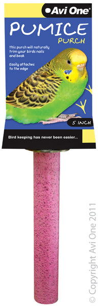 The Avi One Pumice Perch is a must have for all birds. The rough texture of the Pumice Perch assists with keeping nails and beaks trimmed. This perch easily bolts to the side of the cage, and comes in multiple sizes to suit small through to larger birds.    Size: 5 inch Colour: Light Pink