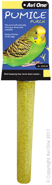 The Avi One Pumice Perch is a must have for all birds. The rough texture of the Pumice Perch assists with keeping nails and beaks trimmed. This perch easily bolts to the side of the cage, and comes in multiple sizes to suit small through to larger birds.    Size: 6 inch Colour: Light Yellow
