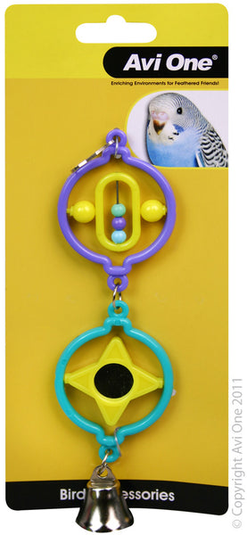 Bird Toy - Twin Rings with turning Beads, Star, Mirror and Bell. Bird toys encourage exercise and enrichment to keep your bird mentally stimulated Playtime can decrease stress and boredom and provide a sense of independence in your bird Fun and colourful design will look great in any cage Provides endless hours of enjoyment for you and your bird Easily attaches to your birds cage